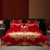 Juego de Cuatro Piezas de Algodón de Fibra Larga de Gama Alta para Boda Juego de Boda Chino Bordado Rojo Ropa de Cama de Boda de Algodón Puro