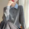 Cardigan de Tricô Gola Polo Lã Fina Outono/Inverno 2026 Manga Longa Feminino Cor Twist Color Block Falso Duas Peças