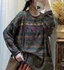 Suéter de punto de algodón holgado vintage con estampado artístico para mujer, top casual de otoño estilo coreano, elegante y moderno