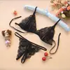 Atractivo Conjunto de Lencería Femenina de Tres Puntos Estilo Japonés Transparente de Encaje con Abertura en la Entrepierna Uniforme Seductor Erotico con Huecos Sujetador y Tanga 1124