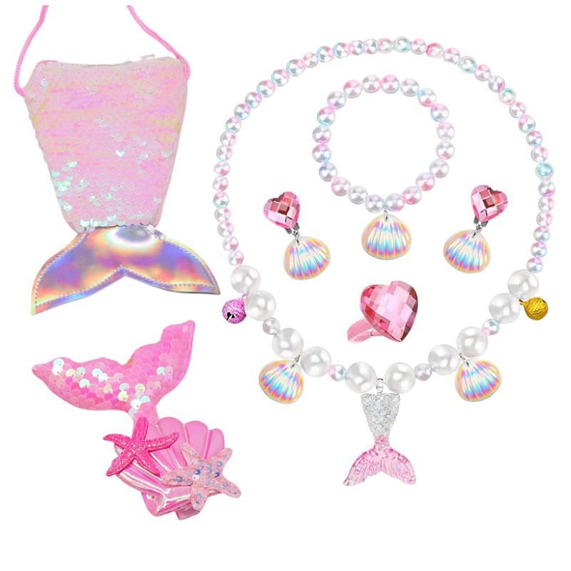 亮片发夹粉+5件套鱼尾粉+粉鱼尾巴包包