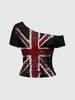 Camiseta Crop Top Sexi de Hombros Descubiertos de Manga Corta Estilo Retro Americano con Bandera Union Jack y Estampado Vintage, Corte Ajustado, Y2K