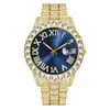 Relógio de Quartzo com Pulseira de Aço e Calendário Totalmente Cravejado em Diamante (2 pçs / set) Relógio Eletrônico com Mostrador Grande Presente Transfronteiriço Design Totalmente em Diamante