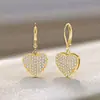 Pendientes de Latón con Baño de Oro Real, Moda Transfronteriza Europea y Americana, Lujo Accesible Exquisito, Corazón Lleno de Circonitas