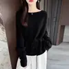 Suéter de Punto de Lana Pura Off-Shoulder Nuevo Invierno 2026 para Mujer, Manga Larga, Color Sólido, Suéter de Lana con Diseño de Corbata