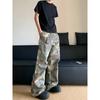 Calças estilo americano vintage lavadas desgastadas camufladas guindaste calças masculinas de marca de moda de rua distintas calças retas com vários bolsos alargadas