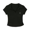 Camiseta Manga Curta Algodão Puro Gola Polo Ombro Direito Feminina Verão Estilo K Cintura Plissada Laço Bordado Efeito Emagrecedor Top
