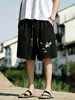 Novos shorts esportivos masculinos estilo chinês com cordão, shorts leves de verão como sobreposição com bordado de garça estilo chinês, shorts soltos no joelho