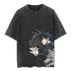 Camiseta de Algodón Lavada Suelta Oversize con Estampado de Dibujos Animados Clásicos Japoneses Estilo Europeo y Americano Elegante