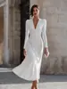 2026 Superventas de Amazon Vestido Blanco Europeo y Americano de Cuello en V Fruncido de Manga Larga Ajustado