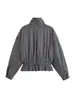 Jaqueta de outer wear curta com babados, para mulheres, de outono e primavera, com estampa xadrez fina, gola alta, cordão na cintura para ajuste, bolsos grandes, para comércio exterior transfronteiriço