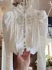 Camisa de Renda Europeia e Americana Transfronteiriça Amazon Duty Pesado para Mulheres com Strass, Gola Alta, Mangas Bufantes, Top Curto Elegante Slim Fit