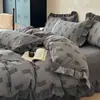 Juego de Cama Estilo Retro Francés Original Algodón Lino de Cuatro Piezas Funda Nórdica de Encaje de Algodón Puro Estampado Floral Estilo para Todas las Estaciones Ropa de Cama 1.8