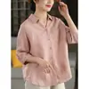 Camisa de manga corta de verano nueva y versátil con cuello en V, ajuste ceñido, de algodón y lino, con cuello camisero, tops casuales para mujer