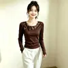 Camiseta de Manga Larga con Volantes y Lazo para Mujer, Diseño Otoño 2026, Corte Ajustado, Capa Base Versátil, Top Elegante