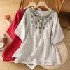 Camisa Casual de Algodão e Linho com Bordado Estilo Chinês Vintage Solta para Verão 2026