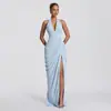 2026 Verão Transfronteiriço Novo Vestido Fashionável Sexy com Decote Halter e Decote em V com Pregas Verticais na Frente, Elegante Vestido Diagonal com Pregas para Mulheres