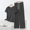 Conjunto de Camiseta de Manga Corta con Cuello en V de Modal y Pantalones de Pierna Ancha, Moda Casual Rayada Delgada de Verano, Conjunto de Dos Piezas Tallas Grandes