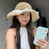 Sombrero de Paja Tejida Floral Estilo Coreano para Mujer, Protección Solar de Verano, Sombrero de Pescador de Ala Ancha, Adelgazante de Rostro, Versátil Sombrero de Sol para Playa