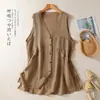 Foto real do novo colete feminino vintage 2026, comprimento médio, de abotoamento simples, com fendas, peça de outer wear solta e casual