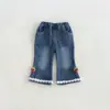 Nueva colección de otoño: Pantalones vaqueros casuales versátiles para niñas, pantalones largos infantiles de moda estilo coreano con ribete de encaje