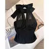88889 Estilo Garota Quente Moda Slim Sexy Renda Mesh Amarração Halter Top Cropped Feminino Preto Costas Nuas Bandeau
