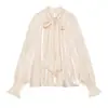 Comercio exterior 2026 otoño nuevo estilo europeo y americano moda femenina casual camisa de textura satén de seda con lazo 8741252