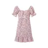 Vestido corto floral estilo europeo y americano para mujer, al por mayor, dulce, con volantes, mangas abullonadas, cintura ceñida y falda de línea A