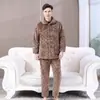 Pijama de Inverno Lobo do Norte Roupa de Casa Masculina Conjunto Quente Espesso com Forro de Fleece Coral Acolchoado de Três Camadas Conjunto de Duas Peças de Algodão