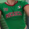 Top Cropped Mexicano Verde de Verão Feminino, Lindo Top Curto Sexy de Manga Curta Slim-Fit Y2K com Estampa da Bandeira da Copa do Mundo