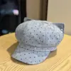 Bonito y Dulce Boina con Orejas de Gato para Estudiantes Mujeres, Versátil para Otoño e Invierno, Hace que la Cara Parezca Más Pequeña, Sombrero Octagonal, Sombrero de Artista, Gorra de Pliegues