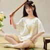 Novo Pijama Três Peças Chinês 2024 Meninas Verão Crianças Pequenas, Médias e Grandes Seda de Gelo Manga Curta Estilo Chinês Roupas de Casa
