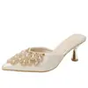 Zapatillas de Media Pantufla con Dedos Decorados de Lujo Francés para Mujer, Conjunto de Zapatillas Puntiagudas con Pedrería, Sandalias de Tacón Alto Talla Grande con Falda