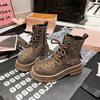 Botas Martin con Pedrería para Mujer 2026 Nuevo Estampado de Leopardo Completamente Cubiertas de Pedrería de Lujo con Cordones Botines Cortos Punta Redonda Plataforma de Suela Gruesa Botas Biker para Mujer