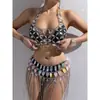 Nueva joya AYJ de cruce fronterizo europeo y americano: conjunto de sujetador hueco con piedras de imitación, bikini y falda de tirantes con flecos