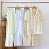 Pijama de Gasa de Algodón Puro para Mujer, Estilo Delgado de Verano, Gasa 100% Algodón, Cárdigan Fresco, Manga Corta, Pantalón Largo, Ropa de Casa, Se Puede Usar Afuera, Conjunto