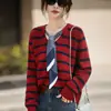 Cardigan de Tricô Gola V com Pelo de Guaxinim Estilo Novo Outono e Inverno 25 Anos Manga Longa Cachecol Feminino Blusa Solta com Listras Coloridas Jaqueta