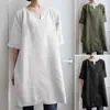 Deseo transfronterizo Amazon AliExpress Europa y Estados Unidos transfronterizo nuevo color liso cuello en V algodón y lino casual manga vestido mujer 8
