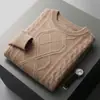 Suéter de Lã 100% Pura para Homens Outono e Inverno, Gola Redonda, Padrão de Losangos Grandes, Suéter de Lã Espessada de Cinco Agulhas e Três Fios, Suéter Base de Malha