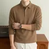 Camisa polo de manga comprida estilo Old Money, casual masculina, leve, base lisa de cor sólida, peça íntima de inverno, com mistura de lã e gola alta