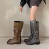 Hebilla de Estación Europea Caña Alta para Pantorrilla Grande Botas de Caballero con Tacón de Bloque 2026 Tacón Medio Grueso Ensanchadas Arrugadas Piel Genuina Botas Largas Mujer