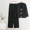 Exportación Transfronteriza Otoño e Invierno Nuevo Cuello en V Fila Sencilla Botón Metálico Cárdigan Top Pantalones Pierna Ancha Tejido Versátil Conjunto de Dos Piezas