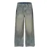 L99646 Estilo Retro Americano Unisex Modernos Lavados Vintage Diseño de Calle Alta Jeans Anchos Holgados para Hombre