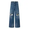 Pantalones de Mezclilla Rasgados Salpicados de Pintura, Estilo Callejero Punk Vintage, Pantalones Rectos Anchos Sueltos Lavados Desgastados para Hombre