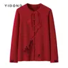 Cárdigan de Punto con Botones de Hoja de Bambú y Libélula de Aguja Doble Calibre 12, Suéter Rojo de Lana Engrosada para Mujer, Hombro Recto, Estilo Chino