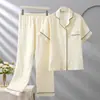 Pijama de Gasa de Algodón de Doble Capa Nuevo 2026 para Mujer, Estilo Primavera y Otoño, Algodón Puro Clase A de Manga Corta y Pantalón Largo, Conjunto de Ropa de Casa de Lujo Ligero