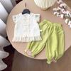 Conjunto de Verão para Menina Estilo Ocidental Retrô Fino Clássico Fivela Sem Mangas Infantil Bordado Renda Estilo Étnico Duas Peças