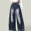 Jeans de mujer para primavera y otoño, estilo retro americano, de cintura alta, lavado degradado, desgastados, estampado de gato, fluidos, pierna recta, pierna ancha