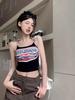 Camisola de chica guapa estilo americano para mujer, verano, adelgazante, corta, estampada, sin mangas, ajustada, top con almohadilla en el pecho, se puede usar afuera