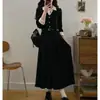 Vestido Elegante Negro de Manga Larga Estilo Francés Otoño Primavera Tallas Grandes para Chicas Gorditas Cintura Ceñida Adelgazante Falda Larga Estilo Hepburn Moda para Mujer